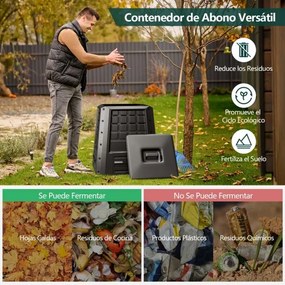 Recipente compostagem de jardim 380 L PP com tampa e ranhuras de ar ajustáveis 78 x 64 x 80 cm preto