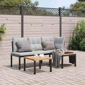 vidaXL Bancos de jardim com almofadões 3 pcs aço revestido a pó preto