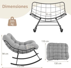 Cadeira de baloiço para interior e exterior com almofada acolchoada com estrutura metálica Capacidade 205 kg para pátio jardim Cinza