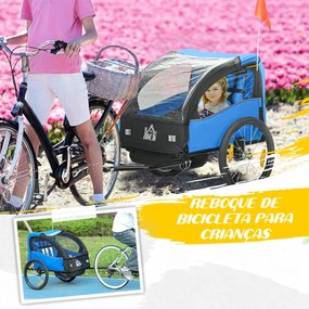 Reboque de Bicicleta para Crianças de 2 Lugares com Cinto de Segurança e Sistema de Amortecimento 140x88x90 cm Azul