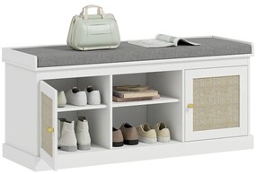 HOMCOM Banco Sapateira Móvel Sapateira Boémio com Assento Acolchoado Portas com Frente em Vime Prateleira Aberta Prateleira Ajustável para 9 Pares de Sapatos para Entrada 105x35x47 cm Branco