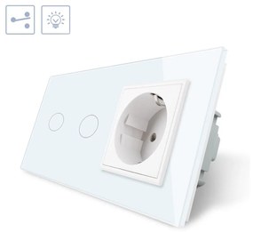Interruptor tátil 2 botões + 1 tomada, Painel frente branco vidro temperado