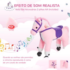 Cavalo para Crianças acima de 36 Meses com Rodas Sons de Relinchar e Pedais Carga 60 kg 55x23x60 cm Rosa