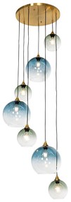 Candeeiro de suspensão Art Déco em latão com vidro azul redondo 7 luzes - Sandra Art Deco