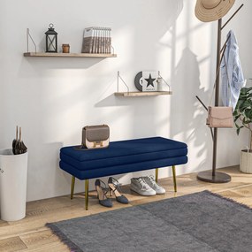 Banco com arrumação 2 em 1, assento com acabamento em veludo e pés em aço 100 x 37,5 x 42 cm, azul e dourado