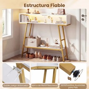 Mesa consola com luz LED e base de carregamento 100 x 20 x 86,5 cm, 3 níveis, com compartimento e prateleira, para corredor, entrada ou sala de estar,