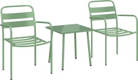 Outsunny Conjunto bistrô de jardim 3 peças - mesa baixa com tampo em vidro temperado e 2 cadeiras em ripas, estrutura em aço galvanizado, verde | Aosom Portugal