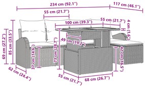 Conjunto de Jantar de Jardim de 6 Peças com Almofadas Cinza em Rattan