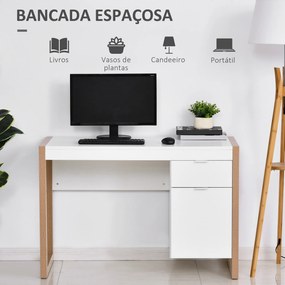 HOMCOM Mesa de Computador com Gaveta Armário Pés em Forma Retangular112,5x50x75,5 cm Branco e Madeira | Aosom Portugal