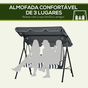 Balanço de Jardim Exterior Baloiço de 3 Lugares com Toldo Ajustável e Estrutura de Aço 172x110x153 cm Cinzento e Branco