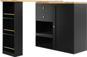 Mesa de bar giratória 360° com 2 gavetas e armário com porta de correr, 3 níveis de arrumação abertos, Preto