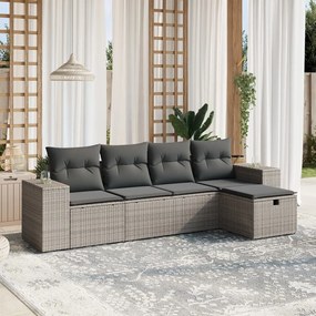 5 pcs conjunto sofás de jardim c/ almofadões vime PE cinzento