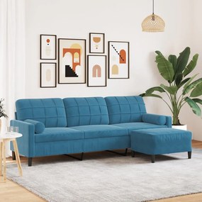 Sofá de 3 lugares com apoio de pés 210 cm veludo azul