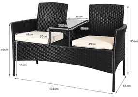 Conjunto de mesa e sofá em vidro de rattan PE com almofadas moderno para jardim, piscina, pátio 138 x 61 x 85 cm Almofadas Brancas