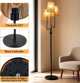 Candeeiro de pé com 3 luzes e 3 abajures de papel tecido estilo boho, base pesada, interruptor no pé, lâmpadas E27 não incluídas Preto