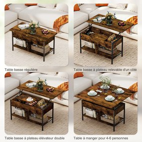 Mesa de centro elevável e extensível, com compartimento oculto e prateleiras abertas, 98 x 49 x 55 cm, castanho rústico