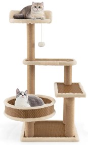 Arranhador para gatos de interior de 4 níveis com tapete de rattan Bola suspensa Brinquedo para arranhar Postes de poleiros Plataformas superiores Nat