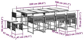 13 pcs conj. jantar jardim c/ almofadões vime PE bege misturado