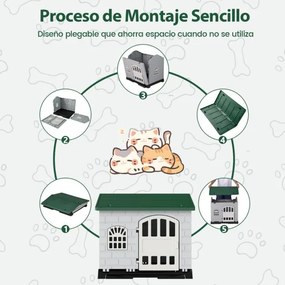 Casota dobrável 75 x 58 x 65 cm de plástico para cães resistente às intempéries para animais de estimação com bandeja sanitária Porta verde escuro