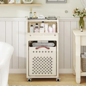 Cesto de roupa suja 44 x 29,5 x 78 cm com rodas dobrável com várias camadas, estante superior, recipiente e ganchos organizadores bege