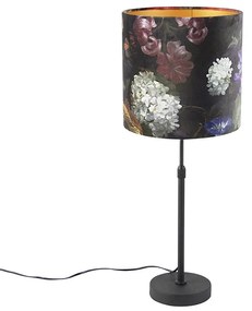 Candeeiro de mesa preto com abajur de veludo flores com dourado 25 cm - Parte Clássico / Antigo