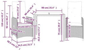 3 pcs conjunto bistrô de jardim c/ almofadões vime PE preto