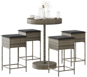 vidaXL 5 pcs conjunto de bar p/ jardim c/ almofadões vime PE cinzento