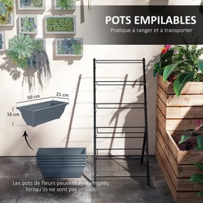 Floreira elevada com andares; floreira vertical com 5 vasos para flores, orifícios de drenagem e estrutura em aço cinzento
