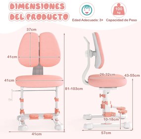 Cadeira de de escritório para crianças com encosto duplo ajustável, apoio para os pés, altura e profundidade do assento ajustáveis, rosa