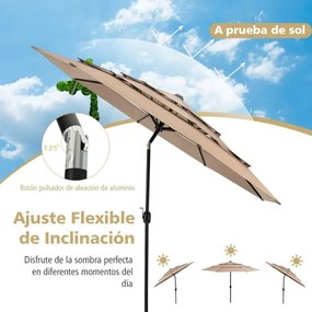 Guarda-sol jardim 3 m de 3 camadas de com ventilação dupla (BASE NÃO INCLUIDA), inclinação, botão de pressão, manivela manual e 8 varas Café