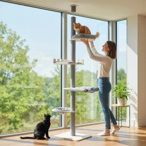 Árvore para gatos de 5 níveis, do chão ao teto, torre ajustável em madeira de 236-271 cm com cama em forma de cesta e postes para arranhar cinza