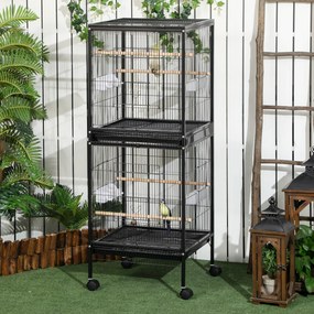 Gaiola para Pássaros com Rodas de 2 Níveis  com Bandejas Removíveis Portas Comedouros Poleiros 51,5x50x140 cm Preto