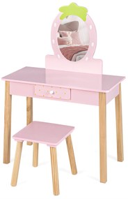 Conjunto de mesa de toucador 2 em 1 com banco, espelho em forma de morango e Gaveta mesa de maquilhagem rosa