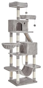 Árvore p/ gato 206 cm, 13 postes, cesto, rede, 2 cavernas, cinzento-claro