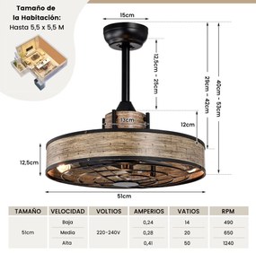 Ventilador de teto de 20" com luz, temporizador 4H de 3 velocidades, motor reversível e controlo remoto para quarto e sala de estar castanho