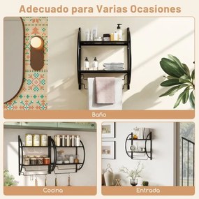 Toalheiro de parede 45 x 26 x 55 cm (C x L x A) com barra e 2 prateleiras para Casa de Banho Preto
