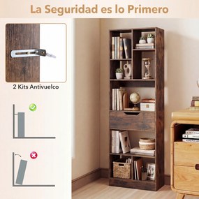 Estante Livreira Industrial, 50 x 24 x 155 cm, 8 Compartimentos e Gaveta, Castanho