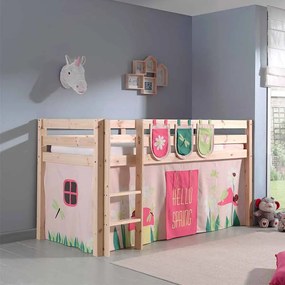 Conjunto Cama alta de Criança PINO 90 x 200 cm + estrado + escada + cortina + 3 bolsas Primavera Natural