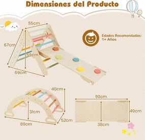 Conjunto de 3 Peças de Escalada Montessori, Estrutura Triangular, Estrutura Arqueada e Rampa, 69 x 55 x 59 cm, Dobrável, Multicolor