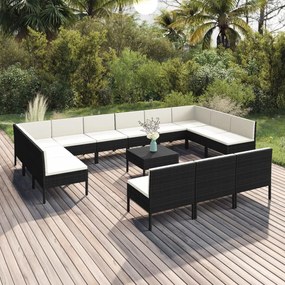 vidaXL 14 pcs conjunto lounge de jardim c/ almofadões vime PE preto