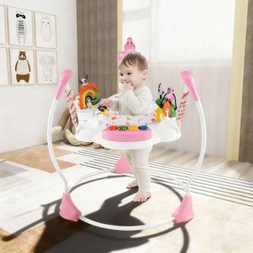 Centro de atividades para bebés com saltador, 6 brinquedos, luzes, música, 3 alturas ajustáveis, mesa giratória 360° para 6+ meses, rosa