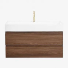 Conjunto De Móvel De Casa De Banho Suspenso Em Madeira E Folha De Freixo Com Lavatório Integrado Ona Madeira Escura & Sem Espelho - Sklum