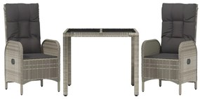 3 pcs conjunto de jantar p/ jardim c/ almofadões vime PE cinza