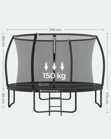 Trampolim de 366 cm de diâmetro, de jardim para crianças com rede de segurança, barras curvas com 180 cm de altura, cobertura de borda, escada, estrut