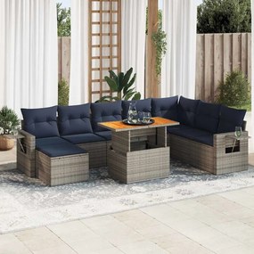 9 pcs conjunto sofás p/ jardim com almofadões vime PE cinzento