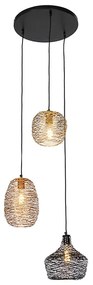 Candeeiro de suspensão preto dourado e cobre redondo 3-luzes - Sarella Design