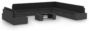 vidaXL 10 pcs conjunto lounge de jardim c/ almofadões vime PE preto