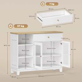 Aparador 2 Portas de Vidro Aparador para Sala Moderno com Gaveta Compartimentos Abertos 100x35x80,3 cm Branco