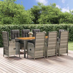 vidaXL 9 pcs conjunto de jantar p/ jardim c/ almofadões vime PE cinza