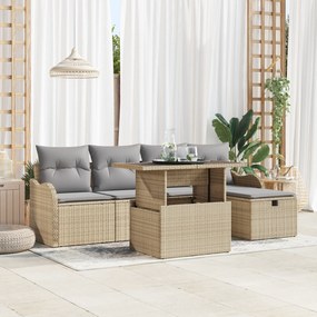 Conjunto de Sofá de 6 Peças para Jardim com Almofadas Bege de Rattan P